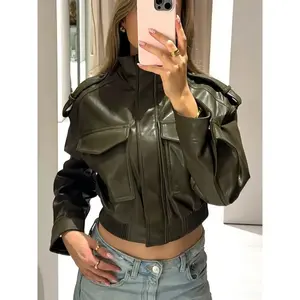 Women’s olive green synthetic leather biker jacket with a stand-up collar and flap pockets, short layered streetwear jacket GARMENTARY