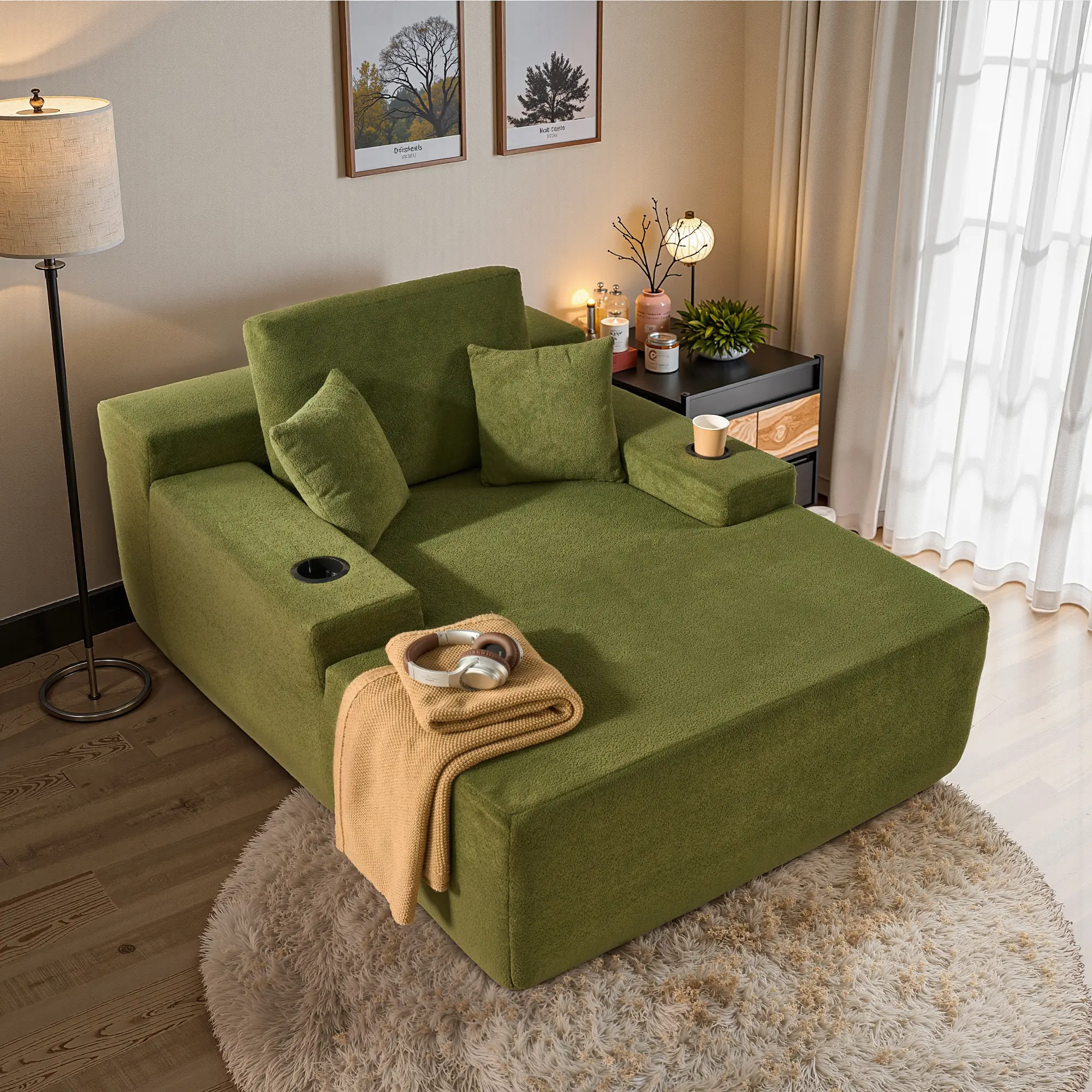Multifunctional Boneless Chaise Lounge Upholstered Sofa Bed with Throw Pillows, Deep Seat, Soft Plush Corduroy, No Assembly, Indoor Sleeper Couch
