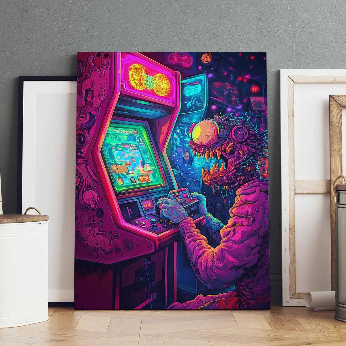Neon Cyberpunk Gaming Monster Pattern Canvas Painting with Frame, Modern Cool Design, Modern Art, Framed Home Decor, Decoration, Wall Art Decoration, Above Bed Wall Decor, Living Room Bedroom Decoration, Hallway Office Mural, Ornaments