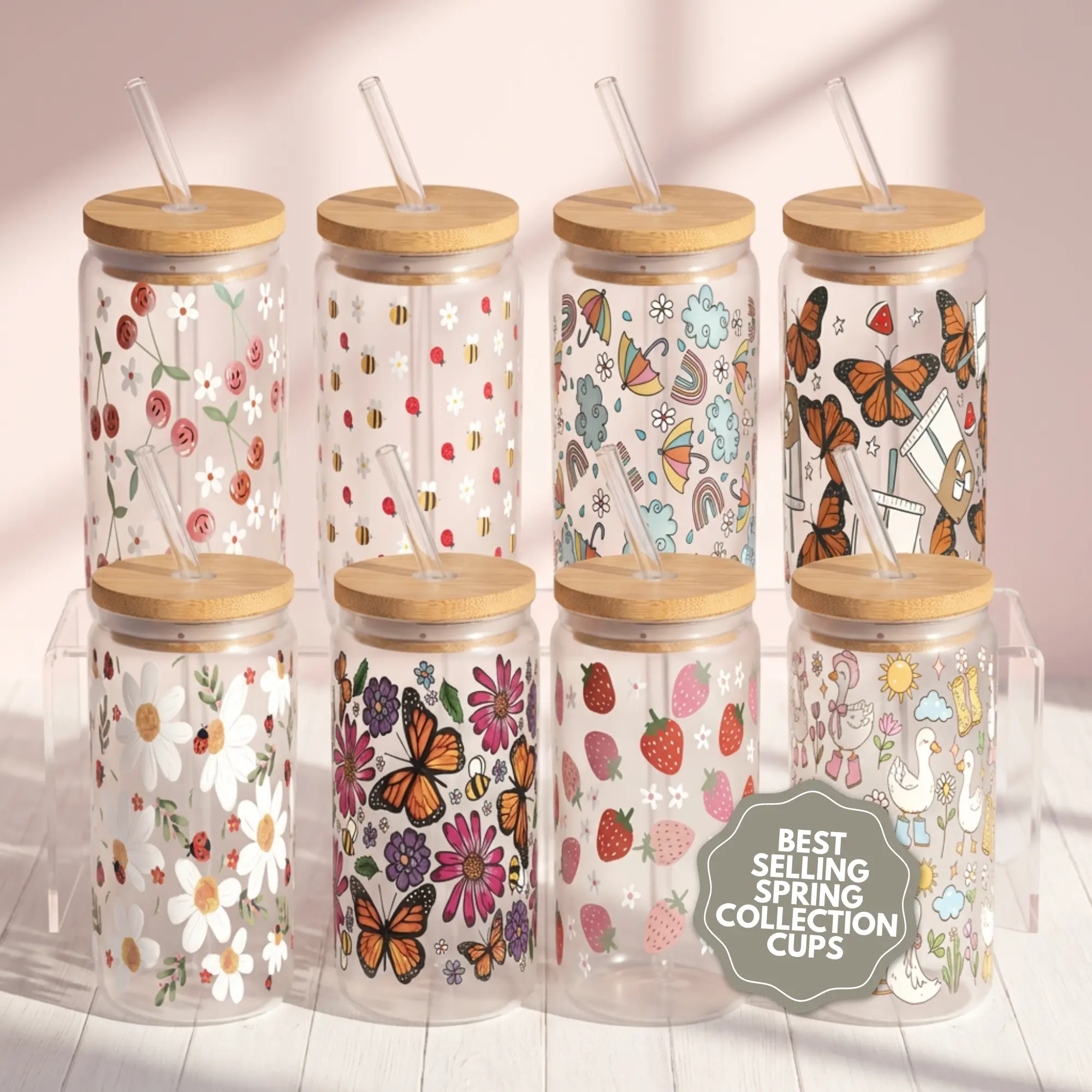 Spring 2025 Aesthetic 16oz Glass Can Cup with Lid and Straw, Iced Coffee Drinkware, Gift for Her, Acrylic Cup, water bottle for women, christmas gift, Mug, Bamboo