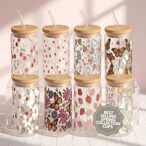 Spring 2025 Aesthetic Cups – 16oz-20oz Glass & Plastic Tumblers with Lids & Plastic and Glass Straws, Reusable Iced Coffee Must-Have, Spring Essentials Bamboo Drinkware Water Bottles