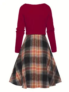 Women's Solid Wrap Hem Round Neck Textured Long Sleeve Slim Fit Crop Top & Plaid Print A-Line Dress Set, Preppy Fashion Cozy Skirt Set for Daily School Outdoor Wear, Women's Clothing for Spring Fall