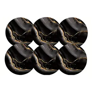 6pcs Black and Golden Marble Pattern Round Wooden Coasters, Ideal for Home Use, Afternoon Tea, Cafe, Restaurant Decor, and Holiday Gifts