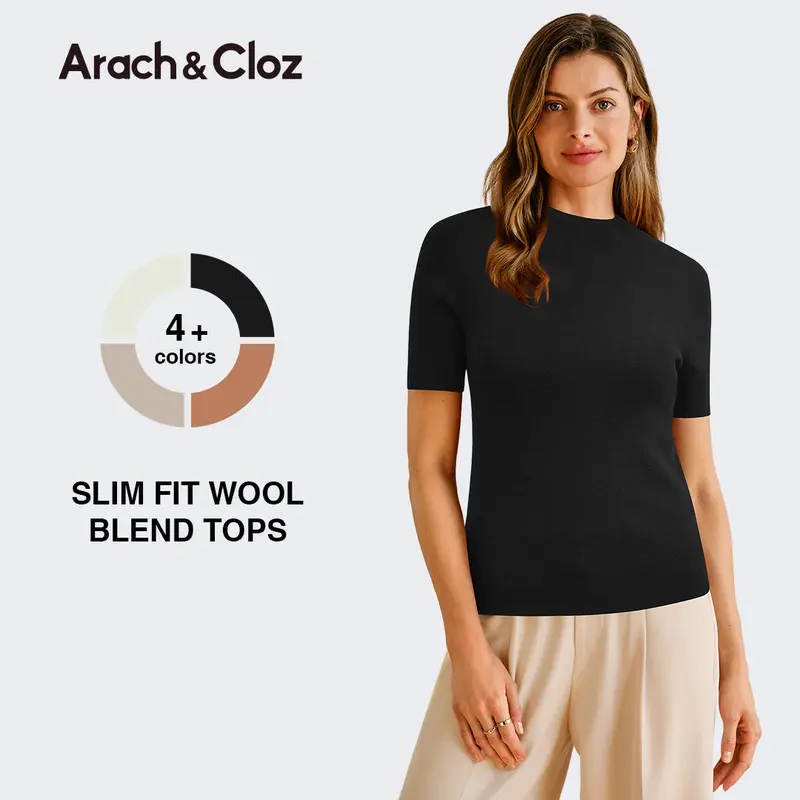 Arach&Cloz Women's Wool Blend Fitted High Neck Soft Knit Spring Fall Top 2026