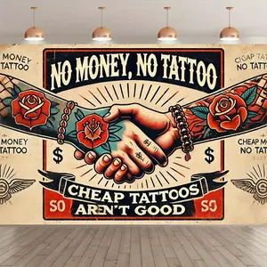 1pc Tattoo-Themed Photography Backdrop Tapestry - "No Money No Tattoo" & "Cheap Tattoos" Design with Clasped Hands, Roses & Wings - Durable Polyester Indoor/Outdoor Banner for Studio Props, Birthday & Holida
