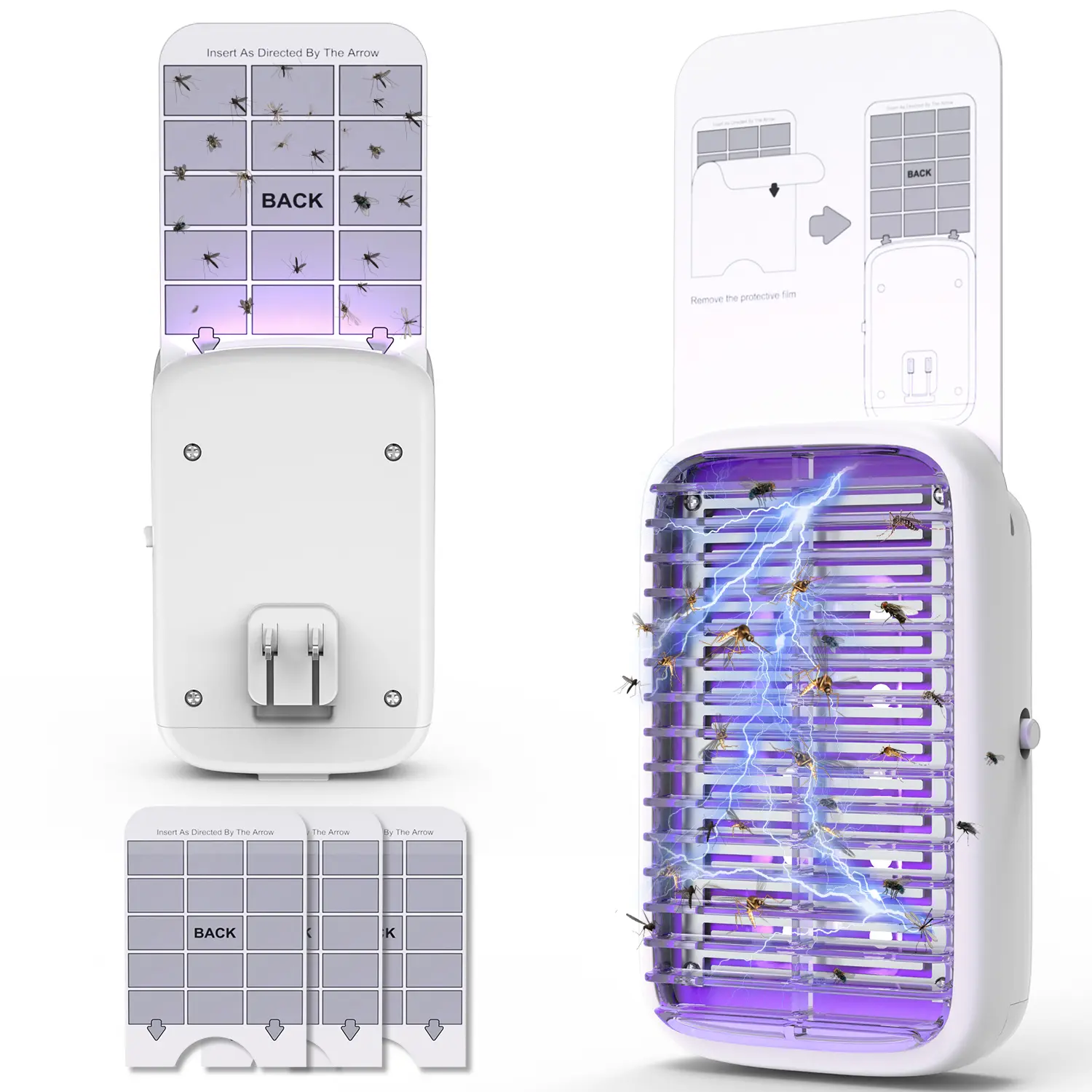 Indoor Fruit Fly Trap, 1 Device + 3 Refills, Plug-In Flying Insect Trap with Dual UV Lights, Electric Grid & Sticky Glue Boards for Gnats, Mosquitoes and Moths, for Kitchen, Bedroom, Home and Office