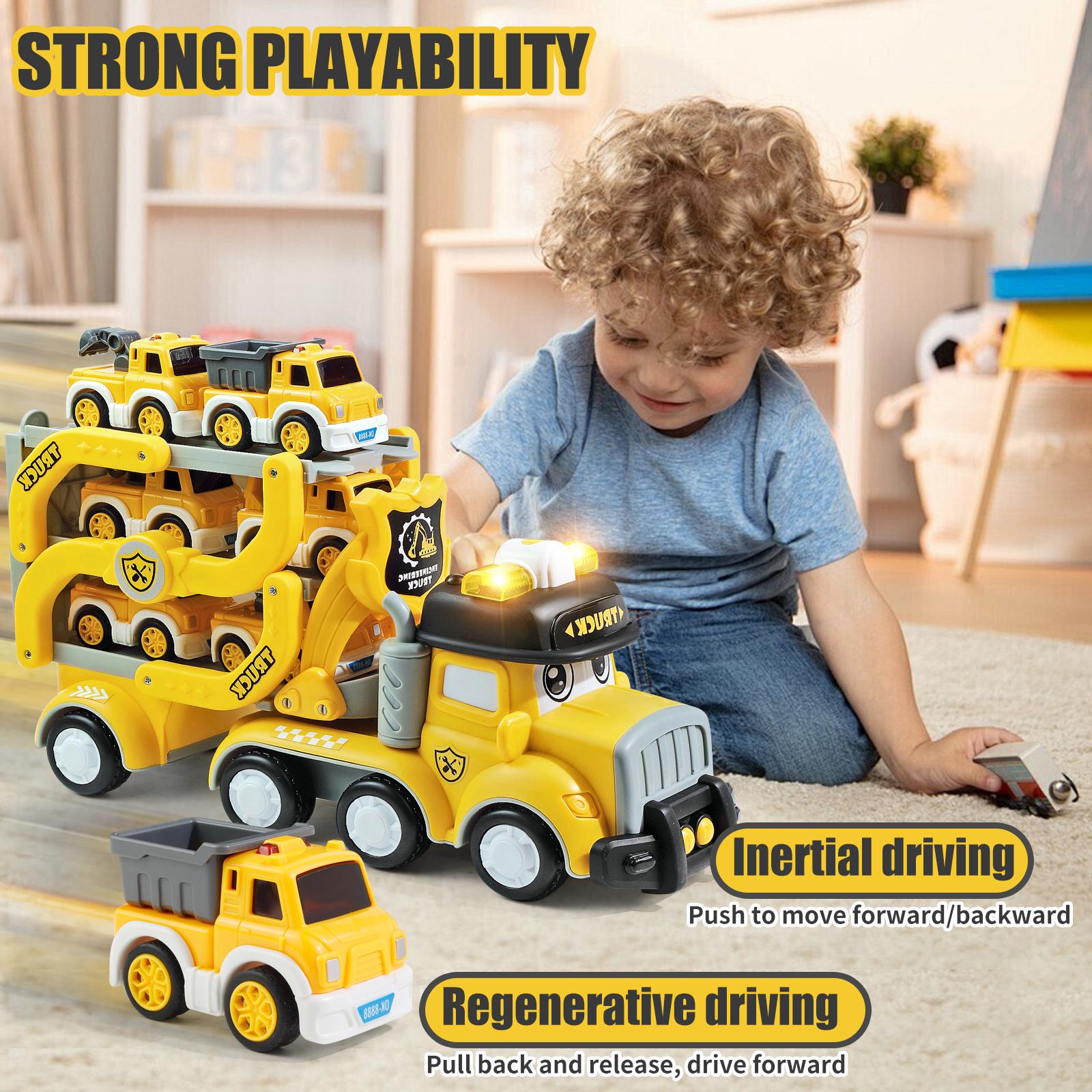 7-in-1 Transporter Car Carrier Truck Toy for Kids with 6 Mini Construction Vehicles, Track, Music, Lights 7-in-1 Transporter Car Carrier Truck Toy for Kids with 6 Mini Construction Vehicles, Track, Music, Lights