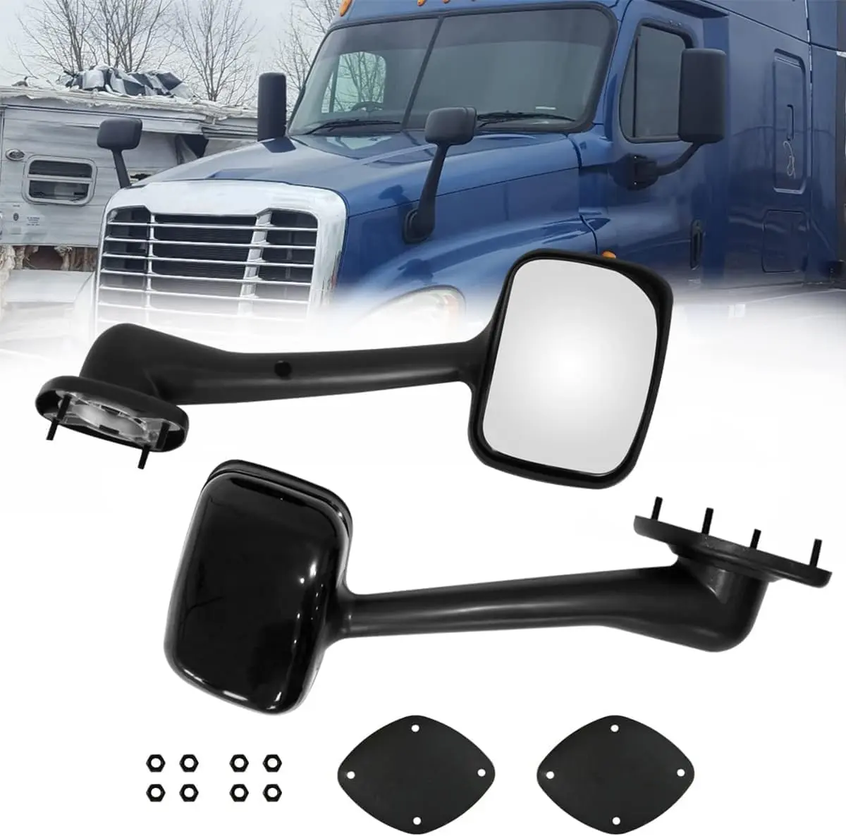 Black Chrome Hood Mirror Assembly for 2008-2017 Freightliner Cascadia - Heavy Duty Rearview Side Mirror Replacement (Left, Right, or Pair Set)