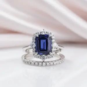 Halo Blue Sapphire Emerald Cut Wedding Ring Set