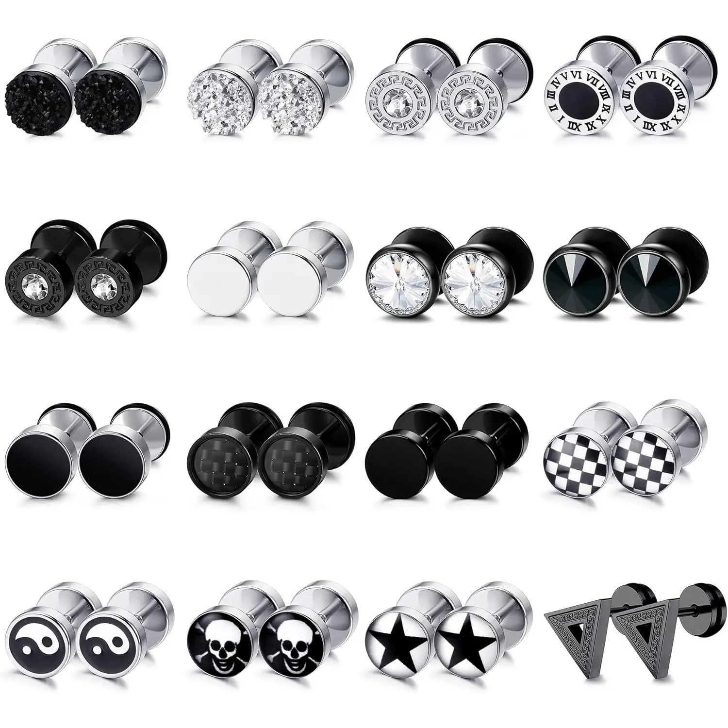 FIASASO 16 Pairs Stainless Steel Fake Gauge Earrings for Men, Female, Cheater Fake Ear Plugs, Faux Gauges, Ear Tunnel Stud Earrings