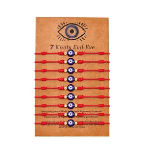 9pcs Evil Eye 7 Knot Lucky Bracelets, Rakhi for Brother and Bhabhi Adjustable Red String Amulet for Women Men with Gold Bead, Protection Jewelry Hand Bracelet