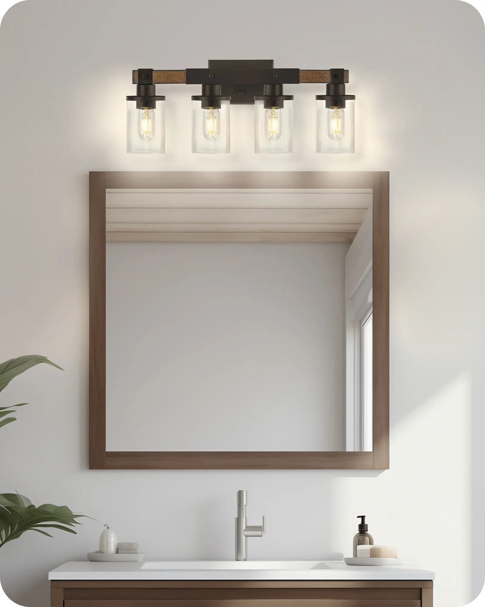 4-Light Bathroom Light Fixture, Farmhouse Vanity Lights for Bathroom with Glass Shade, Rustic Bathroom Light Fixtures, E26 Base