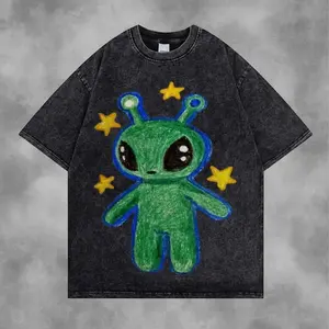 Menswear Short-Sleeve Round Neck Oversized T-Shirt - Distressed Vintage Washed Unisex Casual Top with Hand-Drawn Cute Alien Star Graphic, Retro Cosmic Space Creature Design, Shortsleeve,summervibes