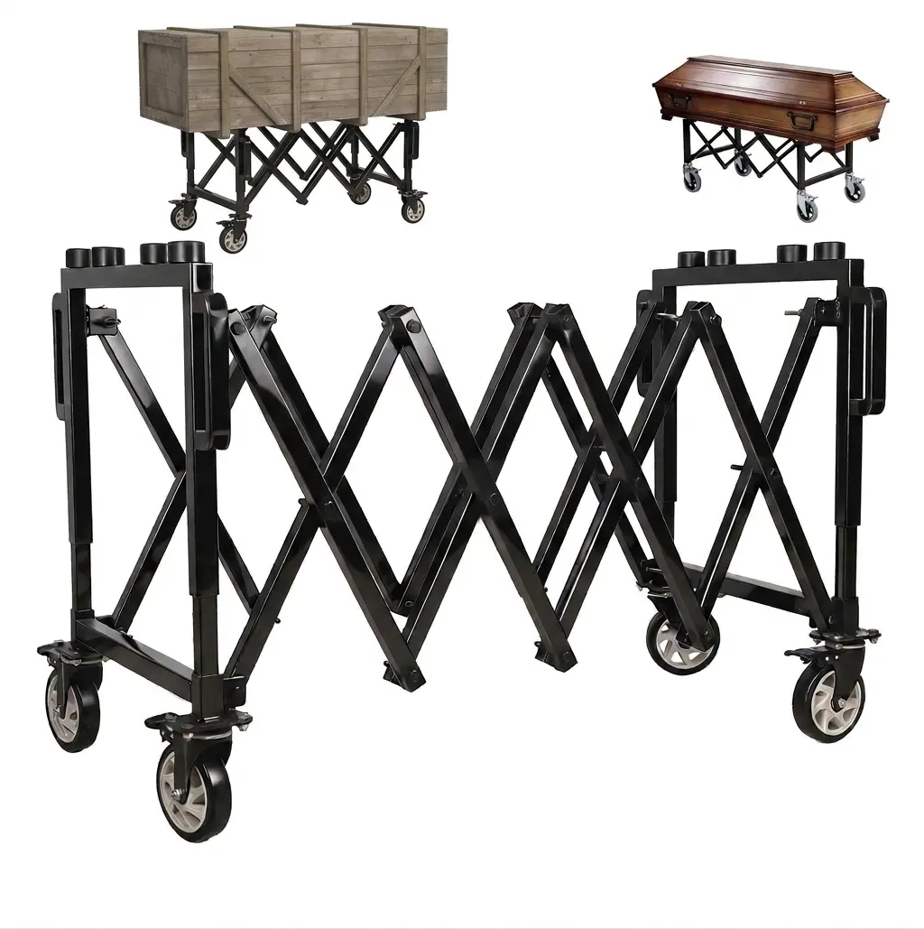 Carbon steel coffin transfer folding trolley, church coffin frame vehicle, funeral stretcher vehicle, funeral coffin transportation vehicle, foldable morgue bed, funeral home body push cart, morgue body bed, body stretcher, chapel funeral accessories
