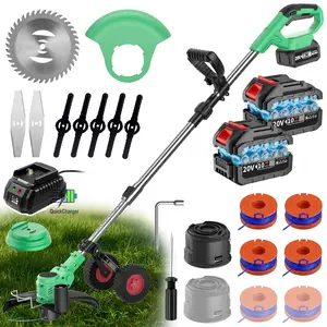 20V Cordless String Trimmer with 90° rotating head, easily cleans corners and dead angles. Adjustable height lets you work without bending over. Comes with 2 batteries and full accessories for all-day runtime.