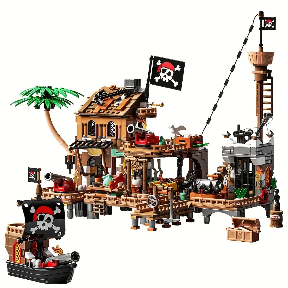 HEGOAI Pirate Home STEM Building Blocks Set, suitable for boys aged 6-12 and above, Pirate Dock Supply Center Building Set, Adventure Game Building Blocks Set, Children's Birthday Christmas Gift