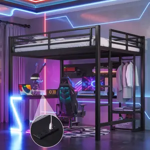 Queen Loft Bed with L-shaped Desk and USB Ports, Heavy-Duty Metal Loft Bed Frame with Computer Tray, Peg Board, and Gaming Style Z-shaped Lights, Black