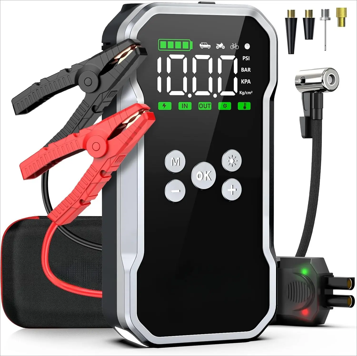 DIBMS Jump Starter with Air Compressor, 8000A 160PSI Battery Booster Pack | For 12V vehicles, 10.0L gas and 7.0L diesel, with display, smart clamps, tire inflator, 2 USB-A ports, and 2 LED lights