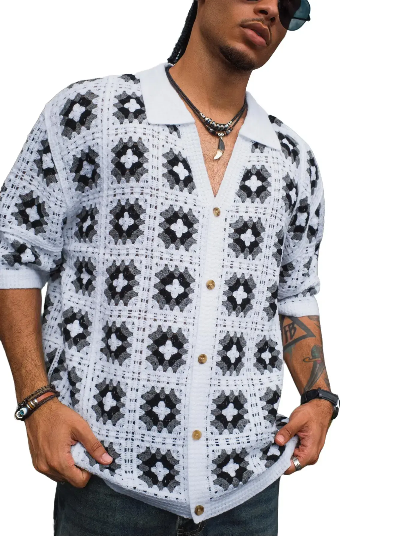 Men's Acrylic Knit Short-Sleeve Collared Shirt - Baby Blue, M, Regular Fit, Unlined, Loose Design, Button Closure, All-Over Boho Print, Stretch, Hem, Sheer, Holiday Summer Vacation Casual Menswear Top