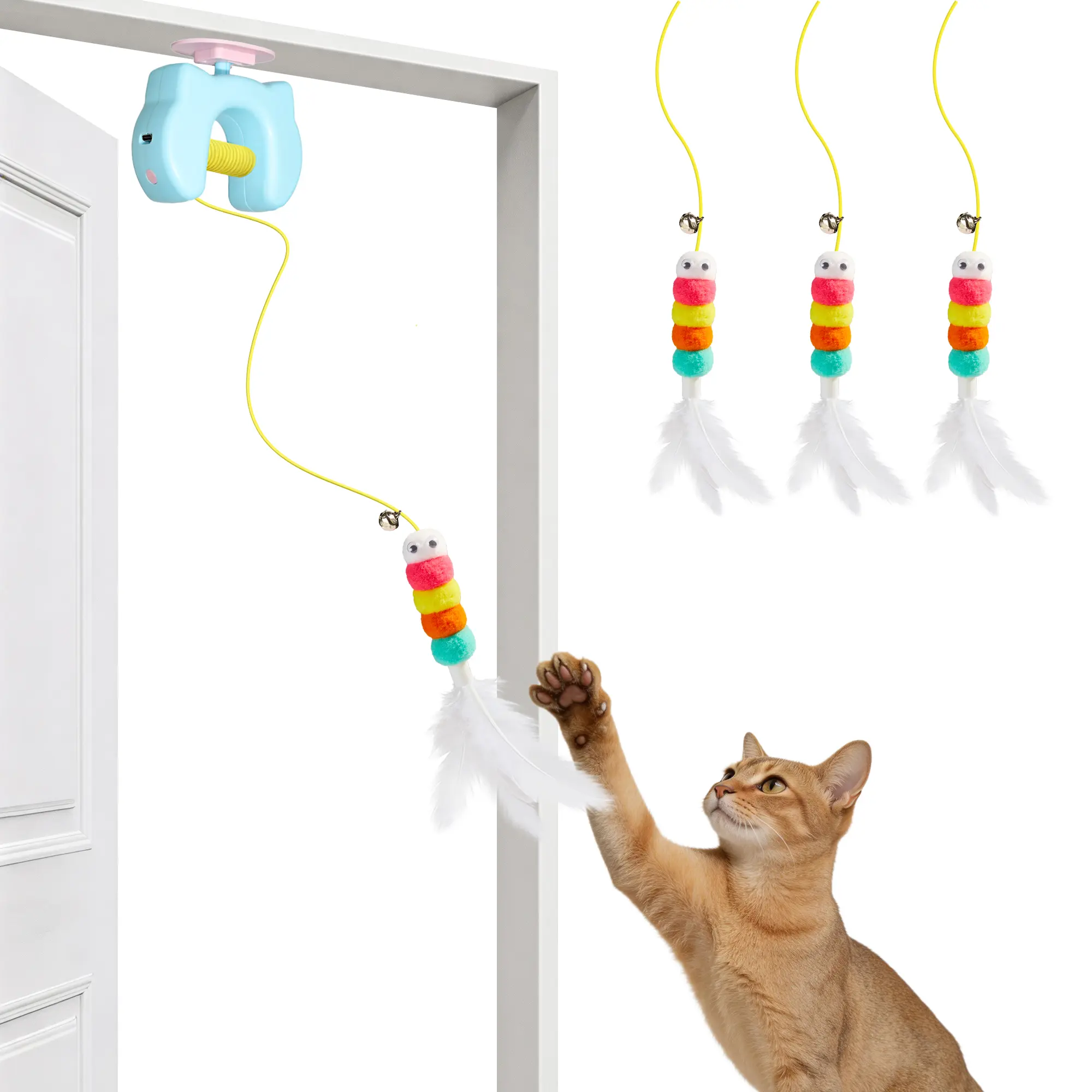 Potaroma Hanging Interactive Cat Toy, USB Rechargeable Random Motion Feather Bell Teaser with 3 Replacement Refills, Self Play Enrichment Toy for Indoor Kittens & Cats Sky Blue