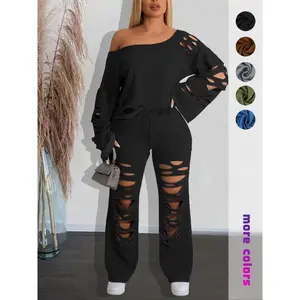 Women's Asymmetrical One Shoulder Cut Out Top & Flared Leg Design Elastic Waist Pants Set, Solid Chic Long Sleeve Top & Bell Bottom Trousers Set, Comfortable Minimalist Womenswear, Co-ord Sets for Ladies, Fall outfit