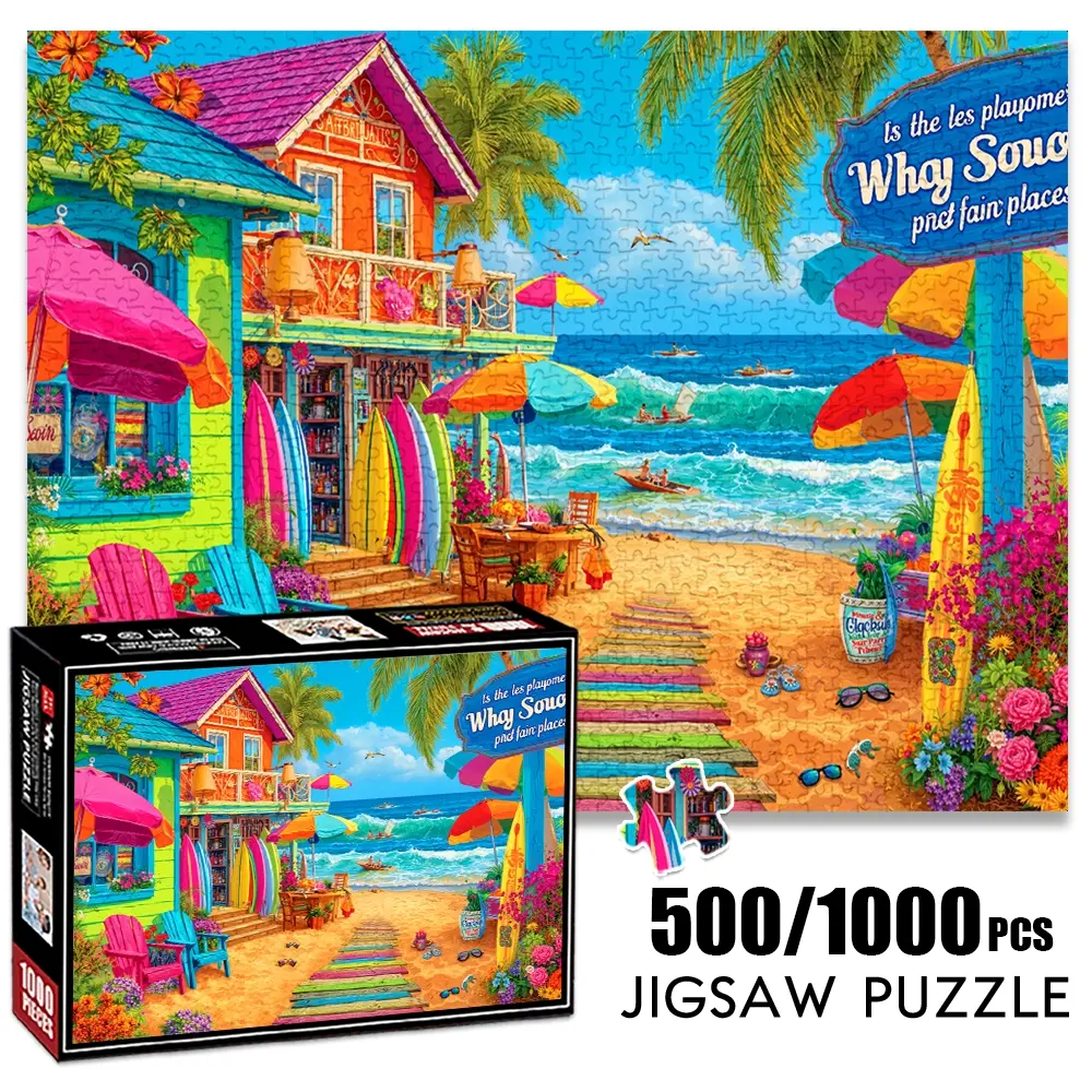 1pc 1000 piece adult puzzle 70x50cm Colorful Beachside Shack with Surfboards, Umbrellas and Seaside View Wave Puzzle 500 pieces paper jigsaw puzzle Family Puzzle suitable for DIY creative games for adults and families, birthd Art Puzzles Gift