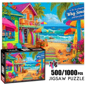 1pc 1000 piece adult puzzle 70x50cm Colorful Beachside Shack with Surfboards, Umbrellas and Seaside View 500 pieces paper jigsaw puzzle suitable for DIY creative games for adults and families, birthd