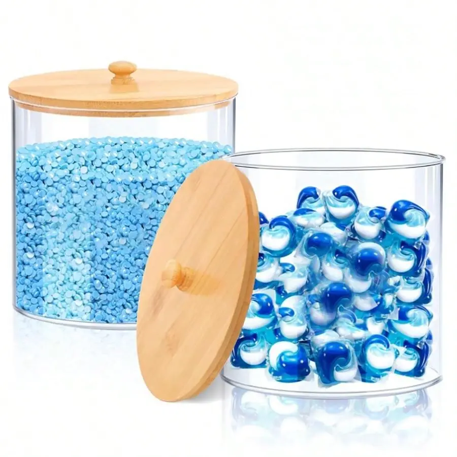 2pcs Laundry Pods Container Heavy Duty Canister for Laundry Room Organization and Storage, Transparent Home Container, Large Capacity Acrylic Laundry Detergent Powder Container Dispenser with Bamboo Lids