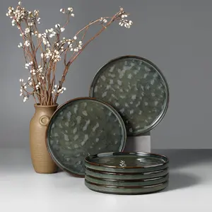 Stoneware Plates Set of 6, 7.9" Salad Plates, Reactive  Ripple Ceramic Dish Set for Appetizer, Scratch Resistant, Small Dinner Plate, Microwave and Dishwasher Safe, Reactive Moss Green