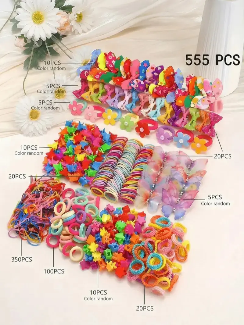 Female 555-Items Vibrant Hair Accessories Set - 18+ Years, Non-Slip Butterfly Clips, Dopamine Flower Ties, Aesthetic Claws, Sweet Trendy Barrettes for Party Indoor Recreation