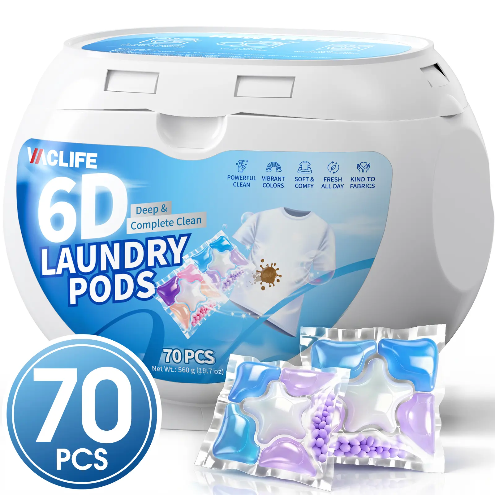 VacLife Laundry Detergent Pods 70-Count Lavender Purple 6-Chamber 8X Clean Deep Stain Remover for Washing Machine 72H Long Lasting Odor Elimination & Anti-Mite