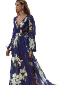 Women's New Boho Bohemian Long Sleeve Floral Printed Dress, V Neck Flared Hem, Elegant and Flowy, Perfect for Daily Wear, Casual Wear and Vacation