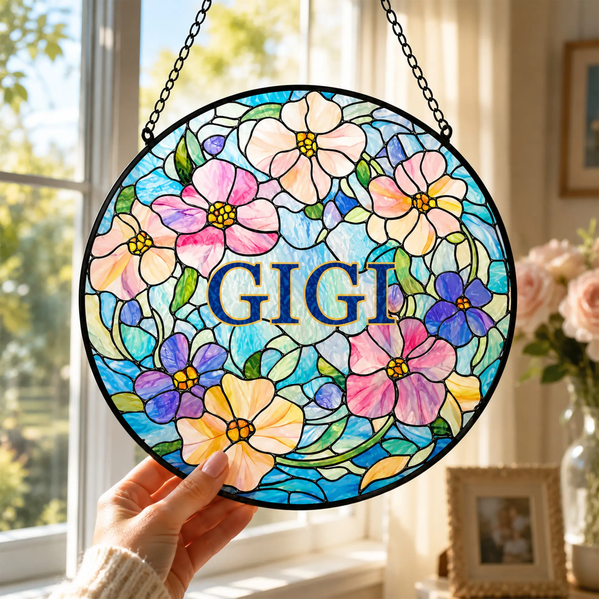 Personalized Nana/GiGi Glass Suncatcher, Gifts for Grandma from Grandkids, Floral Nana Gift, Grandson to Nana Gigi Grandma Ornament