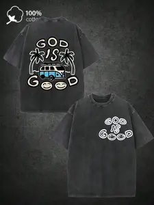 Mens Womens Retro Distressed Washed God Is Good Tropical Surf Van Palm Tree Smiley Art Print Cotton Double Sided Tee Hippie Streetwear Fit Travel Beach Camp Gym Casual Religious Believer Enthusiast Daily Outfit