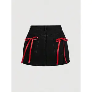 Women Casual Short Denim Skirt With Bow Decor Womenswear Bottom