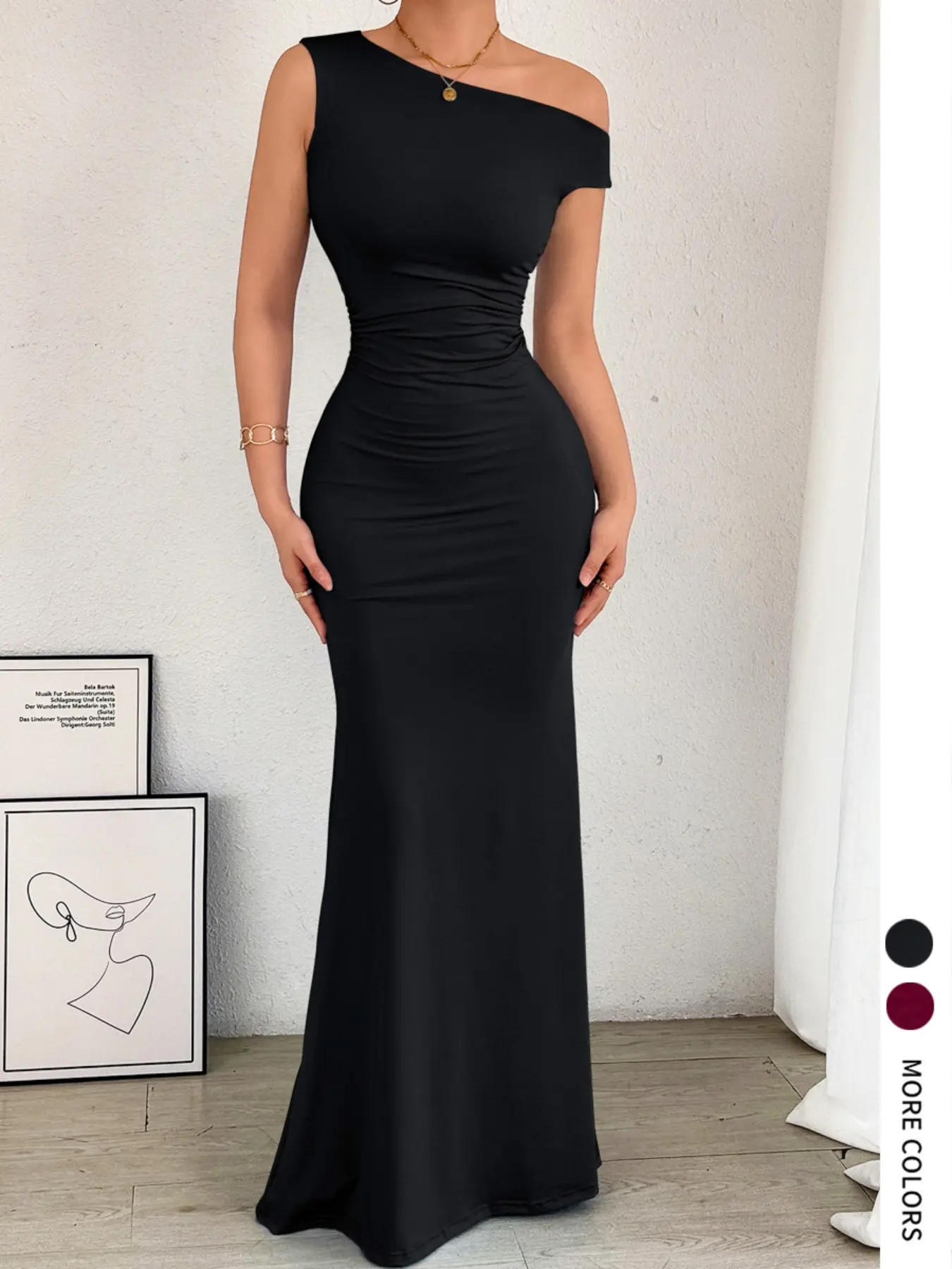 Elegant Women's Asymmetrical Shoulder Fish Tail Dress, Ruched Waist Sleeveless Elegant Chic Gown, Valentine's Day Party Wear Formal Wear Formal Dresses, Elegant Evening Wear, Plain Pattern Fit