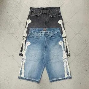 Summer street letter embroidery retro denim shorts men's casual embroidery bone denim shorts men's summer Low Rise Raw Hem Denim Shorts fit jean Menswear Trouser