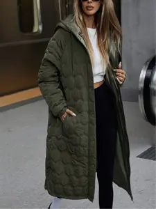 A women's military green houndstooth zip-up hooded cotton coat, providing warmth and being versatile and suitable for various occasions, for a casual look.