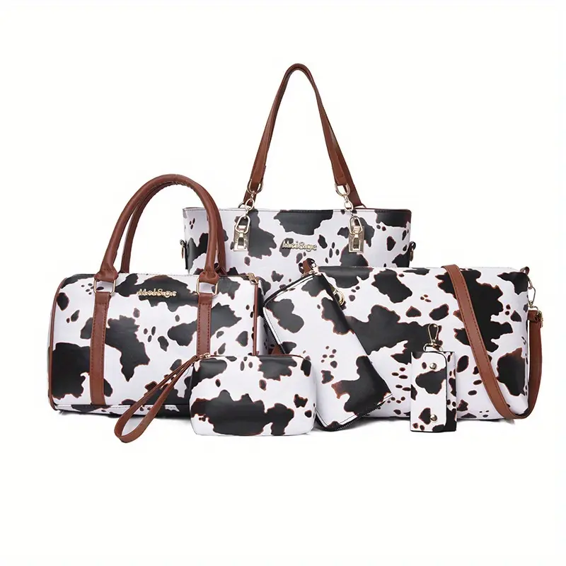 6pcs Set PU Fashion Cow Pattern Tote Bag Set Shoulder Bag Crossbody Bag Anti Fouling Wrinkle Resistant Handbag 36x28x12cm Adjustable Strap Zipper Closure