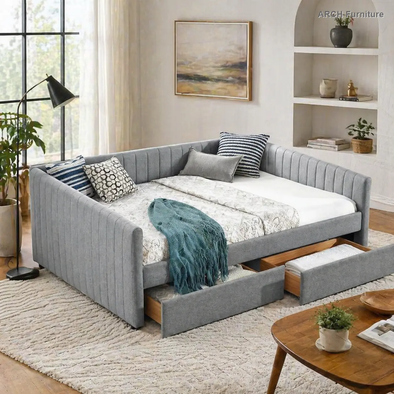 Queen-Size Linen Blend Upholstered Daybed with Storage - Modern Grey Vertical Stripes, 2 Drawers, Trundle, Foam Padding, Space-Saver, Assembly Required, for Bedroom, Cafes, Office (86.5''x65''x30''in)