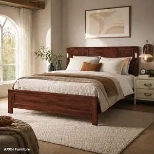 Queen Bed Frame, Farmhouse Queen Size Bed with Tall-Panel Headboard, Footboard, Built-in LED Lights, USB Charging Station, Pine Wood Construction, Strengthened Structure, Walnut Finish, Quick Setup, Indoor Furniture