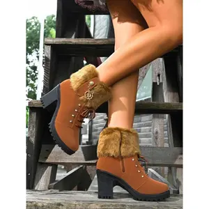 New Large Size Women's Warm Ankle Boots, Round Toe Thick Heel Short Booties with Rhinestones, Casual PU Leather Fall & Winter Shoes