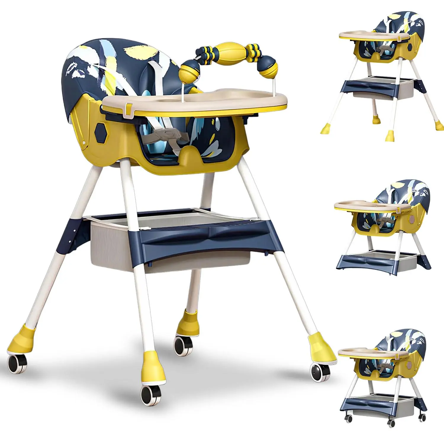 4-in-1 Foldable Portable Baby High Chair - Toddler Feeding Chair with 7 Heights, Recline Adjust, PP/PE Plastic Construction, Toys Rack, Easy-to-Clean Seat & Feeding Table, Portable High Chair, Cushion Pads