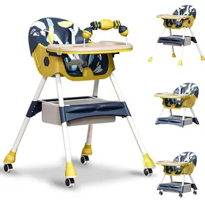 Foldable Baby High Chair 4-in-1 Foldable Reclining Feeding Table Chair Seat 7 Heights With Toyrack Easy To Clean Feeding