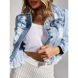 Long Sleeve Distressed Cropped Denim Jacket, Raw Hem Frayed Fabrics Flap Pocket Light Blue Denim Coats, Women's Denim Jackets & Clothing Tops Fit