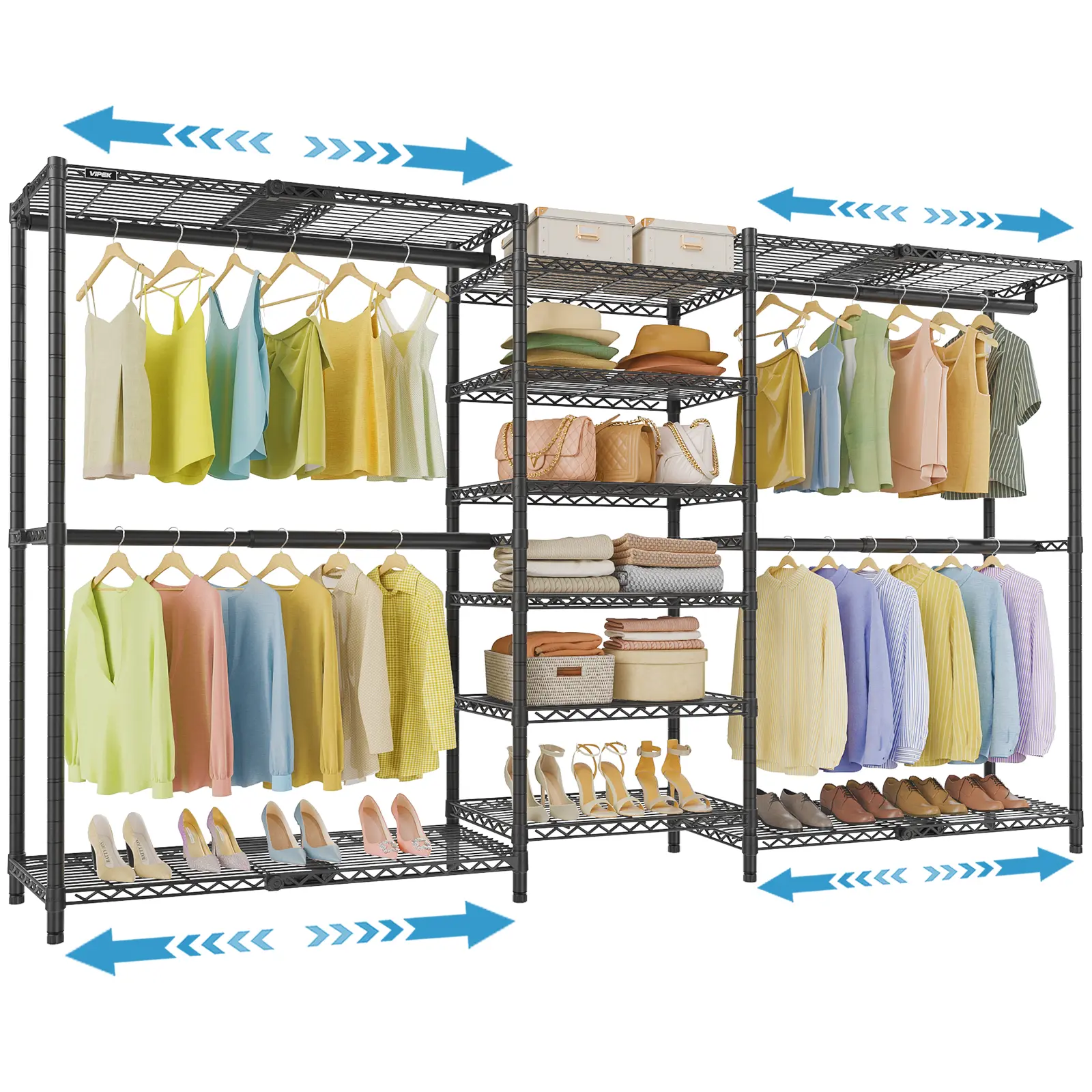 VIPEK X3 Plus Large Expandable Closet Rack Adjustable from 5'10" to 8'8" with Extendable Shelves and Hanger Rods, Freestanding Clothing Racks Modular Closet Systems Wardrobe, Max Load 1360LBS, Black