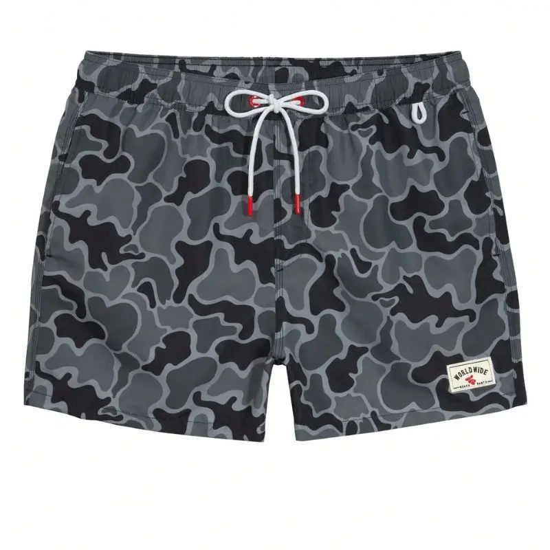 Men's Gray Camo Beach Shorts – Black Camouflage Drawstring Swim Trunks, Lightweight Summer Vacation, Resort & Casual Outdoor Shorts