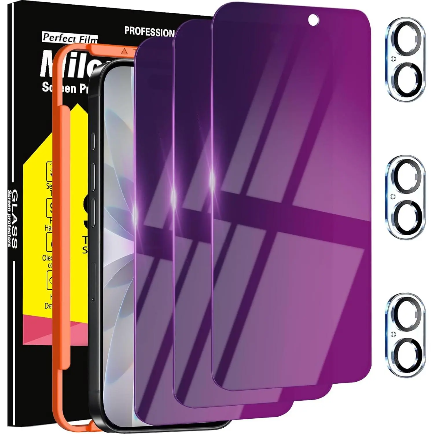 3-Pack Privacy Screen Protector for iPhone 17 - Colorful Gradient Purple Anti-Spy Tempered Glass, 3D Phone Screen Protectors with Eye Care Anti-Bluelight, 3-Piece Camera Lens Guard Accessories, Easy Installation, Case Friendly, Curved Edge, 3-Pieces, Scre