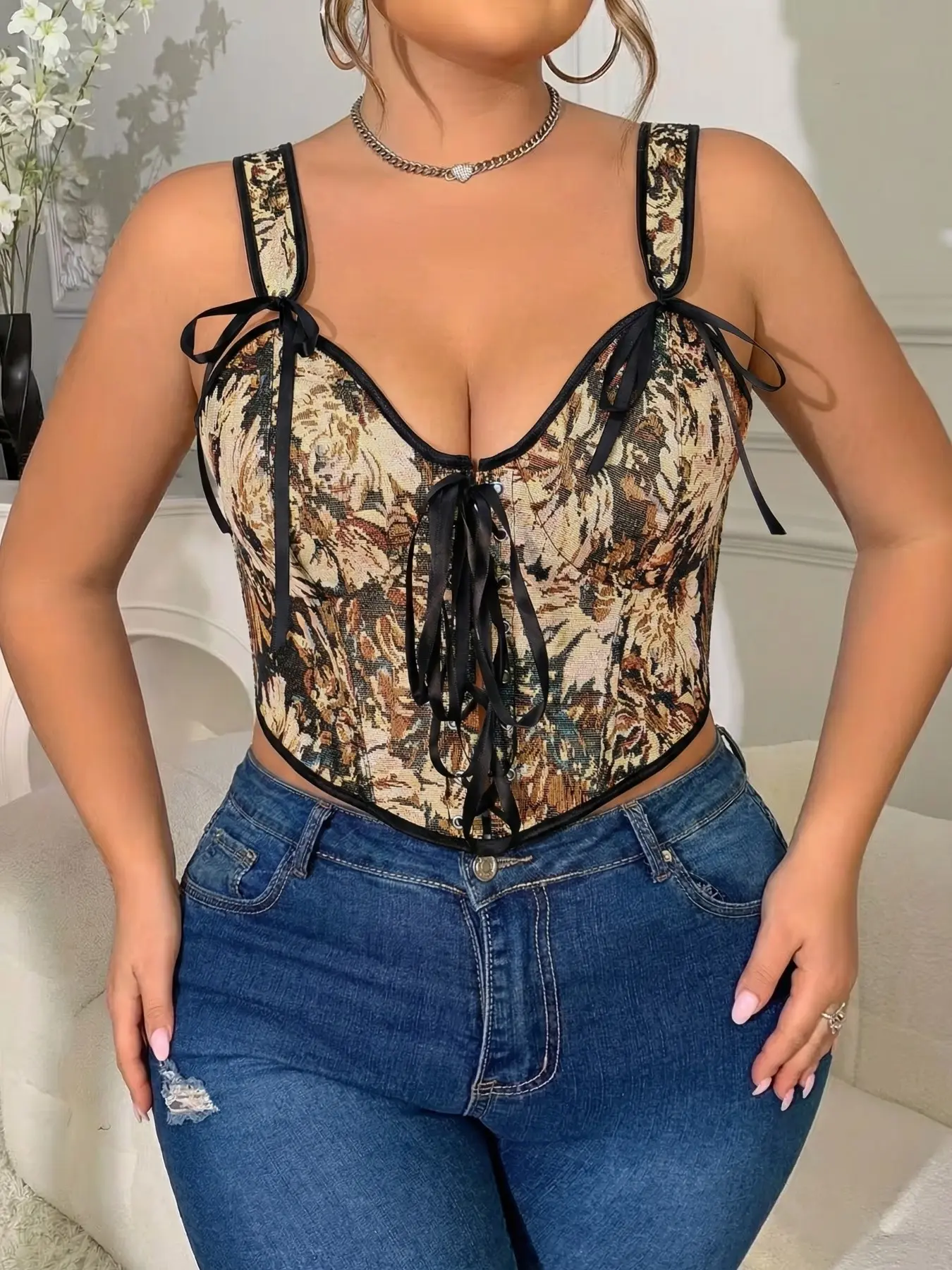 Plus Size Women's Retro Boho Vintage Floral Jacquard Corset Top, Adjustable Front & Back Straps, Slimming Fishbone Bralette, Outerwear & Layering Piece, Underwear, Bohemian Clothing
