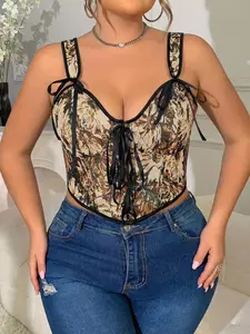 Plus Size Retro Floral Jacquard Corset Top, Adjustable Front & Back Straps, Slimming Fishbone Bralette, Outerwear & Layering Piece